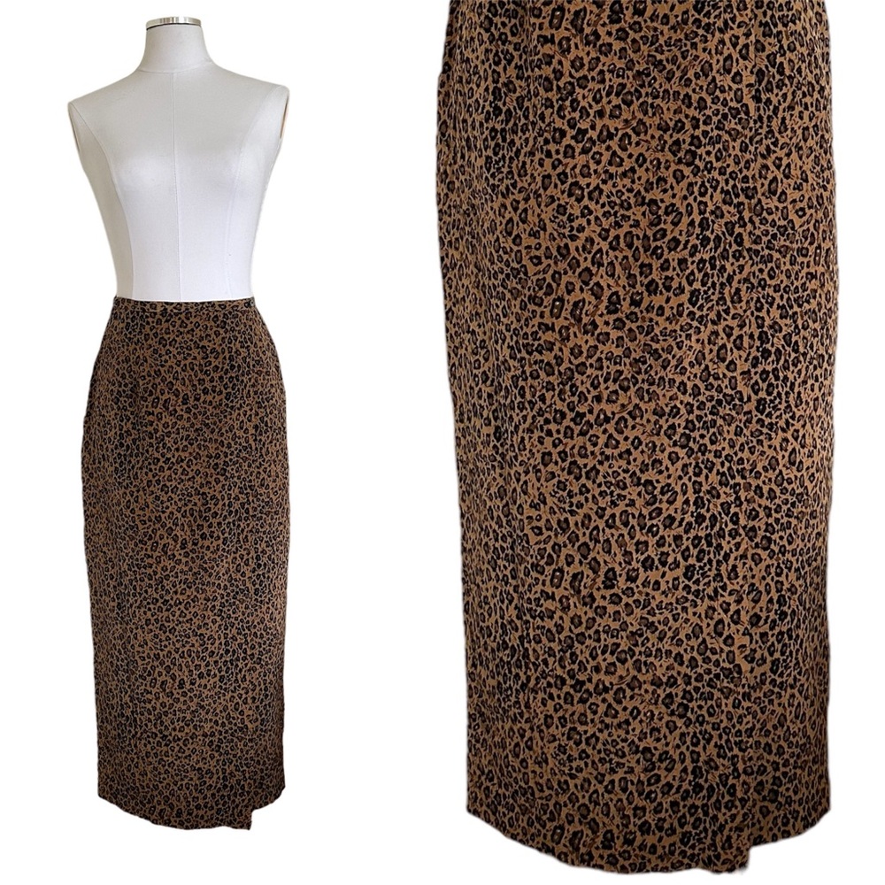 90s Vintage Allison Taylor Silk Cheetah Leopard Animal Print Midi Wrap Skirt XS